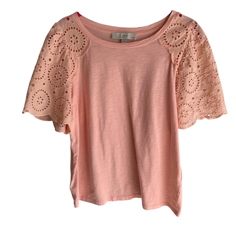 LOFT Petal Pink Peach Eyelet‎ Flared Sleeve Petite Ladies Casual Top, MP